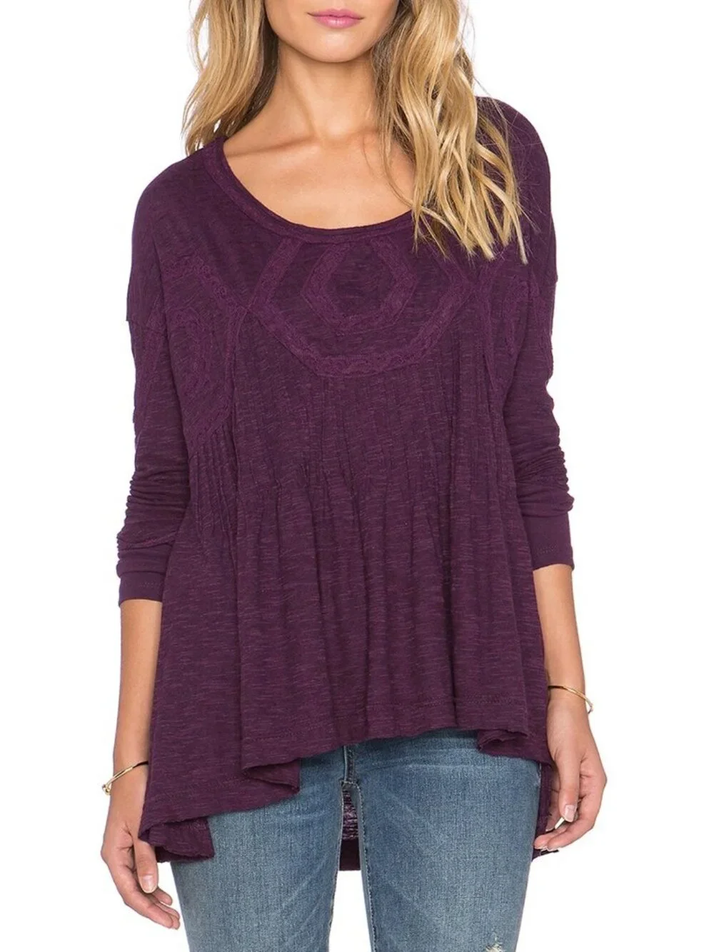 Free People New Hope Babydoll Long Sleeves Top S Eggplant Cutout Peasant Boho